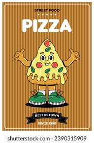 Retro groovy cartoon character fast food poster. Vintage mascot pizza with psychedelic smile and emotion. Funky vector illustration