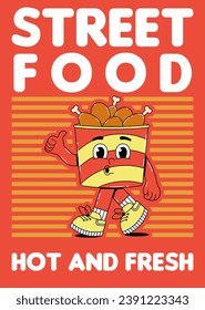 Retro groovy cartoon character fast food poster. Vintage mascot chicken wings in bucket with psychedelic smile and emotion. Funky vector illustration