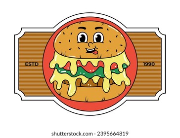 Retro groovy cartoon character fast food label. Vintage mascot Hamburger with psychedelic smile and emotion. Funky vector illustration
