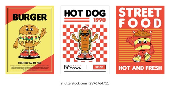 Retro groovy cartoon character fast food posters set. Vintage mascot Hamburger, hot dog, chicken wings in bucket with psychedelic smile and emotion. Funky vector illustration