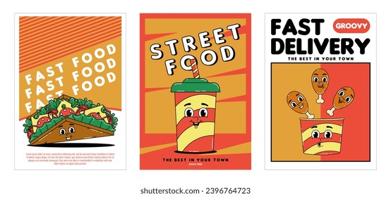 Retro groovy cartoon character fast food posters set. Vintage mascot sandwich, drink soda, chicken wings with psychedelic smile and emotion. Funky vector illustration