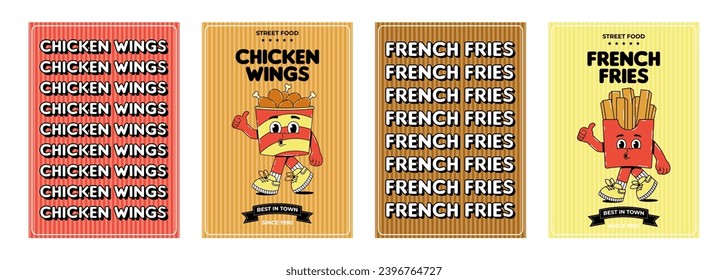 Retro groovy cartoon character fast food posters set. Vintage mascot chicken wings in bucket, french fries with psychedelic smile and emotion. Funky vector illustration