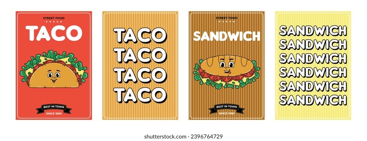 Caricatura retro groovy personaje de comida rápida ambientado en afiches de comida rápida. Taco y sándwich de mascota de época con sonrisa psicodélica y emoción. Ilustración vectorial Funky