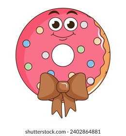 Retro groovy cartoon character fast food donat. Vintage mascot psychedelic smile, emotion. Design art for cafe, bar, restaurant. Funky comic vector illustration
