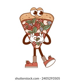 Retro groovy cartoon character fast food Pizza. Vintage mascot with psychedelic smile and emotion. Funky vector illustration