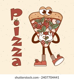 Retro groovy cartoon character fast food Pizza. Poster with vintage mascot psychedelic smile, emotion. Funky vector illustration