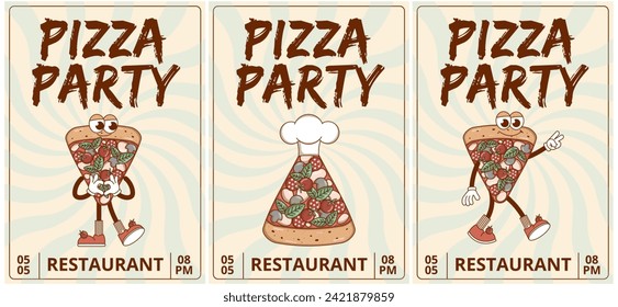 Retro groovy cartoon character fast food Pizza. Poster set Pizza Party with vintage mascot psychedelic smile, emotion. Funky vector illustration
