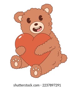 Retro groovy cartoon character. Funny bear with red heart. For poster, card, print, and itc. 70s Vibes. Valentine Day.