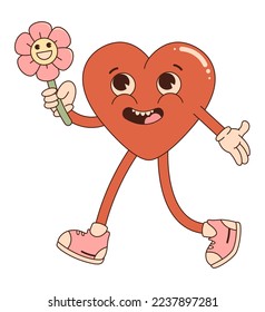 Retro groovy cartoon character. Red heart with happy flower. For poster, card, print, and itc. 70s   vibes. Valentine Day.