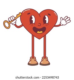 Retro groovy cartoon character. Red heart with key. For poster, card, print, and itc. 70s vibes. Valentine Day.