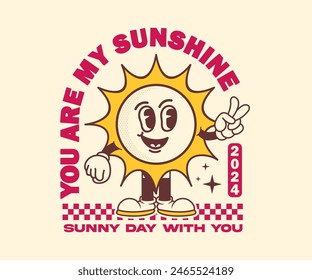 Retro-groovige Cartoon-Figur Sonne. Kann als Aufkleber, Poster, Drucke, T-Shirt-Design verwendet werden. Vektorillustration