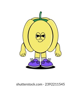 Retro groovy cartoon character vegetable Pepper. Vintage funny mascot sticker with psychedelic smile and emotion. Cute comic vector illustration
