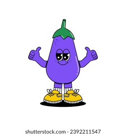 Retro groovy cartoon character vegetable Eggplant. Vintage funny mascot sticker with psychedelic smile and emotion. Cute comic vector illustration