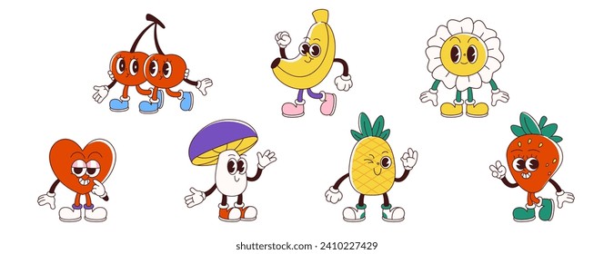 Retro groovy cartoon characters of fruits and flowers. Vector set of cute daisy and mushroom, banana and strawberry, cherry and pineapple, heart with funny face emotions and poses for vintage design.