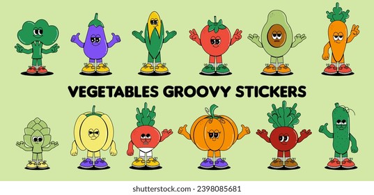 Retro groovy cartoon characters vegetables labels. Vintage funny mascot Tomato, carrot and more stickers with psychedelic smile and emotion. Cute comic vector illustration