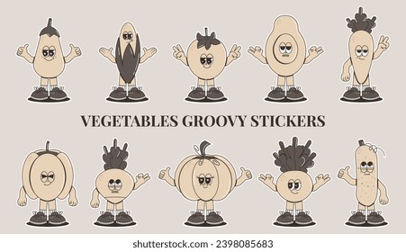 Retro groovy cartoon characters vegetables labels. Vintage funny mascot Tomato, carrot, corn and more stickers with psychedelic smile and emotion. Monochrome palette. Cute comic vector illustration