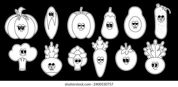 Retro groovy cartoon characters vegetables labels. Vintage funny mascot Tomato, carrot and more stickers with psychedelic smile and emotion. Black, white colors. Cute comic vector illustration