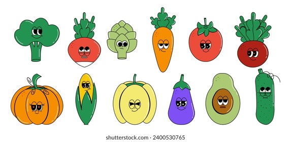 Retro groovy cartoon characters vegetables. Vintage funny mascot Tomato, eggplant, carrot and more vegan stickers with psychedelic smile and emotion. Cute comic vector illustration