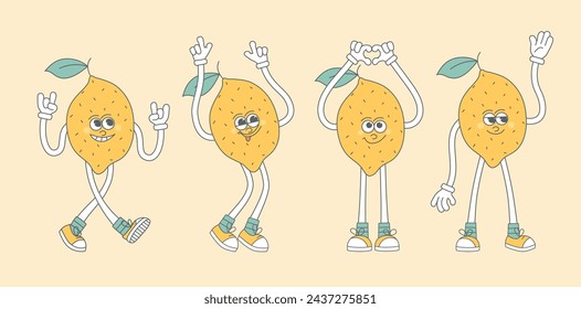 Retro groovy cartoon comic fruit different poses characters. Modern cute comic mascot of lemons with happy smile face, hands and feet.