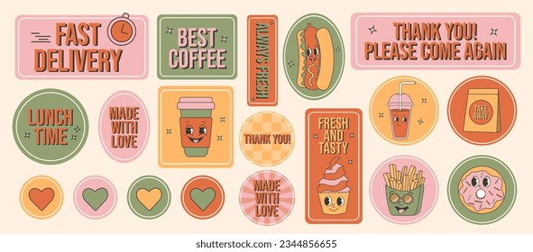 Retro groovy cartoon fast food sticker set. Labels, tags and slogans for restaraunt, cafe and delivery. 