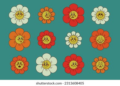 Retro groovy cartoon flowers set on green background. Funny emoticon in flat cartoon style. Blossom with faces and feeling. Perfect for decoration, greeting cards, postcards, stickers