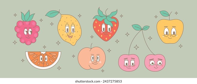 Retro groovy cartoon fruit characters. Modern cute comic mascot of raspberry, lemon, strawberry, apple, cherry, peach with happy smile face.