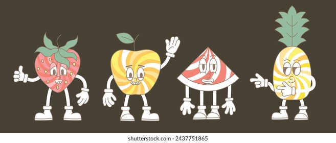 Retro groovy cartoon fruit characters. Modern cute comic mascot of strawberry, apple, watermelon pieces, pineapple with happy smile face, hands and feet.