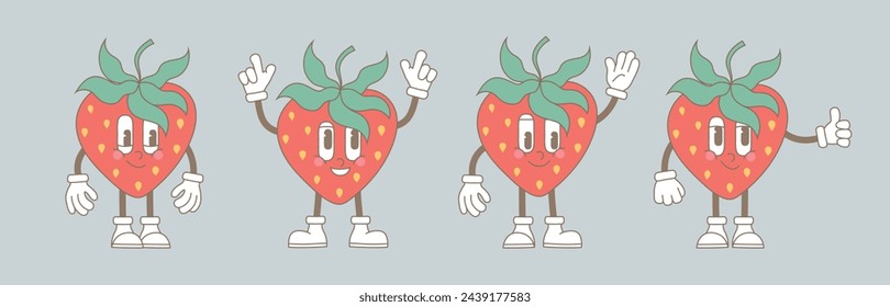 Retro groovy cartoon fruit characters. Modern cute comic mascot of strawberry with happy smile face, hands and feets. 70s, 80s retro vibes.