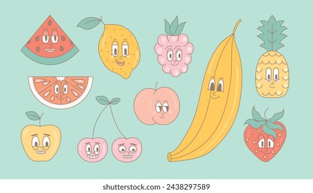 Retro groovy cartoon fruits. Modern cute comic vector mascot of watermelon, lemon, raspberry, banana, pineapple, strawberry, cherry, apple with happy smile faces. 70s, 80s retro vibes.