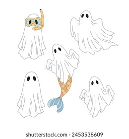 Retro groovy cartoon ghosts in white blanket in diving mask with mermaid tail vector illustration set isolated on white. Hand drawn line art drawing style cute beachy phantoms print collection