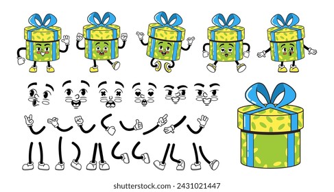 Retro Groovy Cartoon Gift Box Character Construction Kit. Vector Collection Of 70s Or 60s-inspired Nostalgic Personage