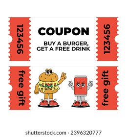 Retro groovy cartoon Gift Voucher and Coupon with character Burger and Drink. Vintage mascot with psychedelic smile and emotion. Funky vector illustration