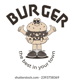 Retro groovy cartoon logo with character Burger. Vintage mascot with psychedelic smile and emotion. Monochrome colors. Funky vector illustration