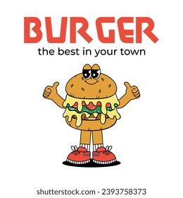 Retro groovy cartoon logo with character Burger. Vintage mascot with psychedelic smile and emotion. Funky vector illustration