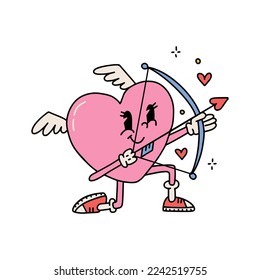Retro groovy cartoon lovely heart mascot. Valentines Day cute character with bow and arrow. Heart cupid person for poster, card. Trendy retro 60s 70s style. Line art isolated vector illustration.