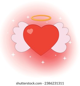 Retro groovy cartoon lovely heart character with wings and halo Valentines Day. Heart cupid with bow and arrow. For poster, card, print, and itc. Trendy retro 60s 70s style.