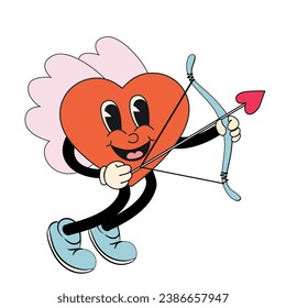 Dibujo retro groovy adorable pegatina al corazón. Corazón cupido con arco y flecha. Día de San Valentín. Funky personaje de corazón feliz en el moderno estilo de dibujos animados retro de los años 70. Para afiches, tarjetas, impresiones y tc.