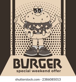 Retro groovy cartoon poster with character Burger. Vintage mascot with psychedelic smile and emotion. Monochrome colors. Funky vector illustration
