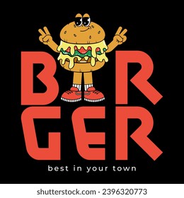 Retro groovy cartoon poster with character Burger. Vintage mascot with psychedelic smile and emotion. Funky vector illustration