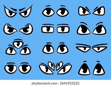 Retro groovy cartoon scary eyes for Halloween characters, monsters and creatures. Blue background
