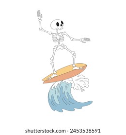 Retro groovy cartoon skeleton surfing on the crest of a foamy wave vector illustration isolated on white. Hand drawn line art drawing style human bone body on surfboard print poster postcard design