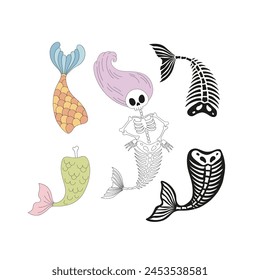 Retro groovy cartoon spooky female mermaid skeleton vector illustration set isolated on white. Hand drawn line art drawing style creepy fairy marine creature print collection. October 31st Halloween