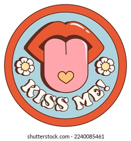 Retro groovy cartoon sticker with lips and tongue in mouth. Kiss me. Concept hippie Valentines day. 70s vibes.