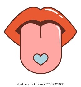 Retro groovy cartoon sticker with lips and tongue in mouth. Concept hippie Valentines day. 70s vibes