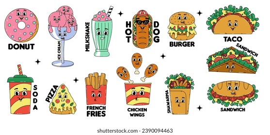 Retro groovy cartoon stickers character fast food set stickers. Vintage mascot Hamburger, pizza, hot dog, sandwich, shawarma and more with psychedelic smile and emotion. Funky vector illustration