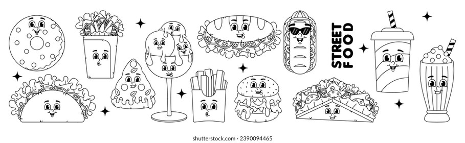 Retro groovy cartoon stickers character fast food set. Vintage mascot Hamburger, pizza, hot dog, taco and more with psychedelic smile and emotion. Black white colors. Funky vector illustration
