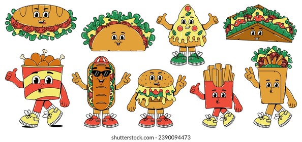 Retro groovy cartoon stickers character fast food set. Vintage mascot Hamburger, pizza, hot dog, burrito, french fries and more with psychedelic smile and emotion. Funky vector illustration