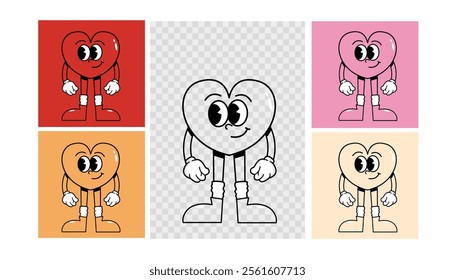 Retro groovy cartoon talisman in the form of heart outline on different colors. Valentine's day card