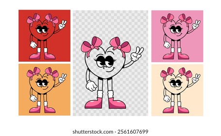 Retro groovy cartoon talisman in the shape of a heart outline girl with bows showing her fingers peace sign. Valentine's day card