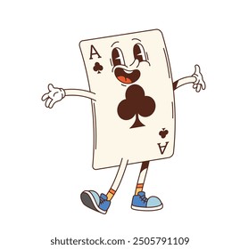 Retro groovy casino poker card character. Isolated cartoon vector Ace of clubs personage with a wide smile, ready to bring fun to gamble game night. Funny gaming card with big happy eyes and sneakers